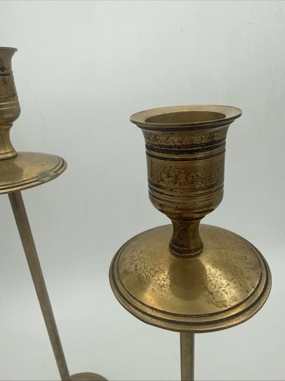 3 VTG Brass graduated MCM Taper Candle Holders Patina 10”, 9”, 8” minimalist